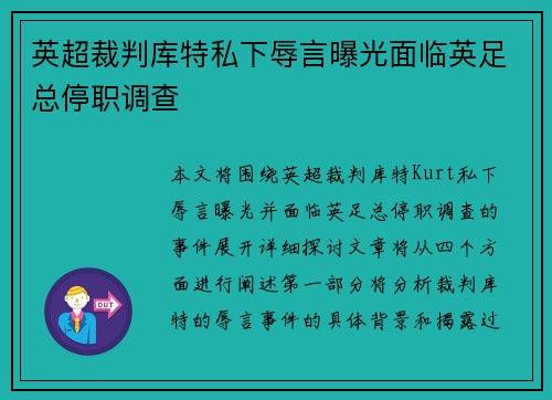 英超裁判库特私下辱言曝光面临英足总停职调查